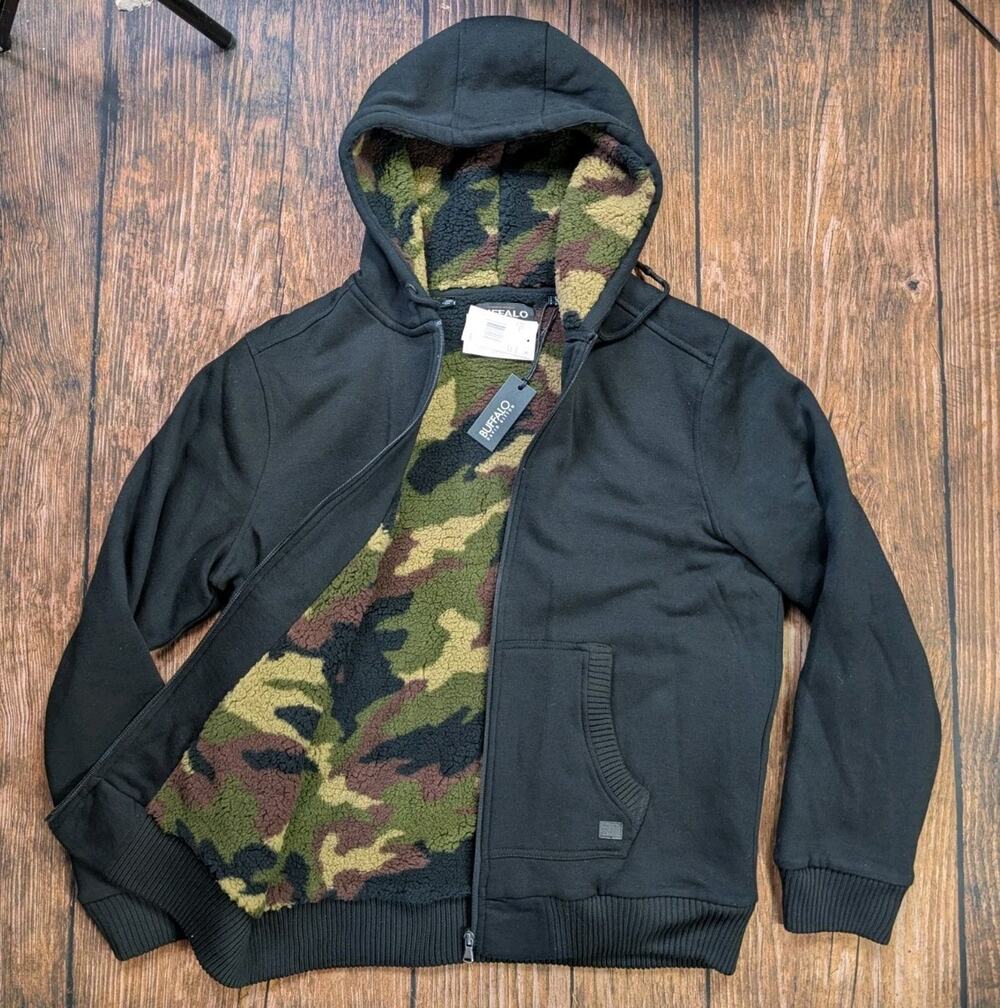 NWT Buffalo Da Id Bitton Mens Hoodie Jacket Sherpa Lined Black Full Zip Sz Large